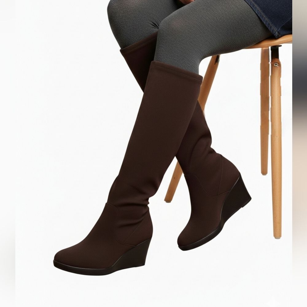 Donald J. Pliner Women's Dark Brown Knee High Pull On Rubber Wedge Boots Size 5M